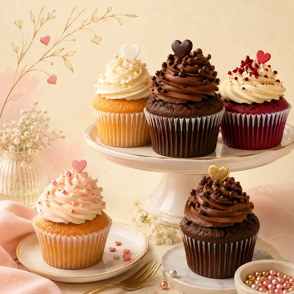 Elegant vanilla, chocolate and red velvet-style cupcakes