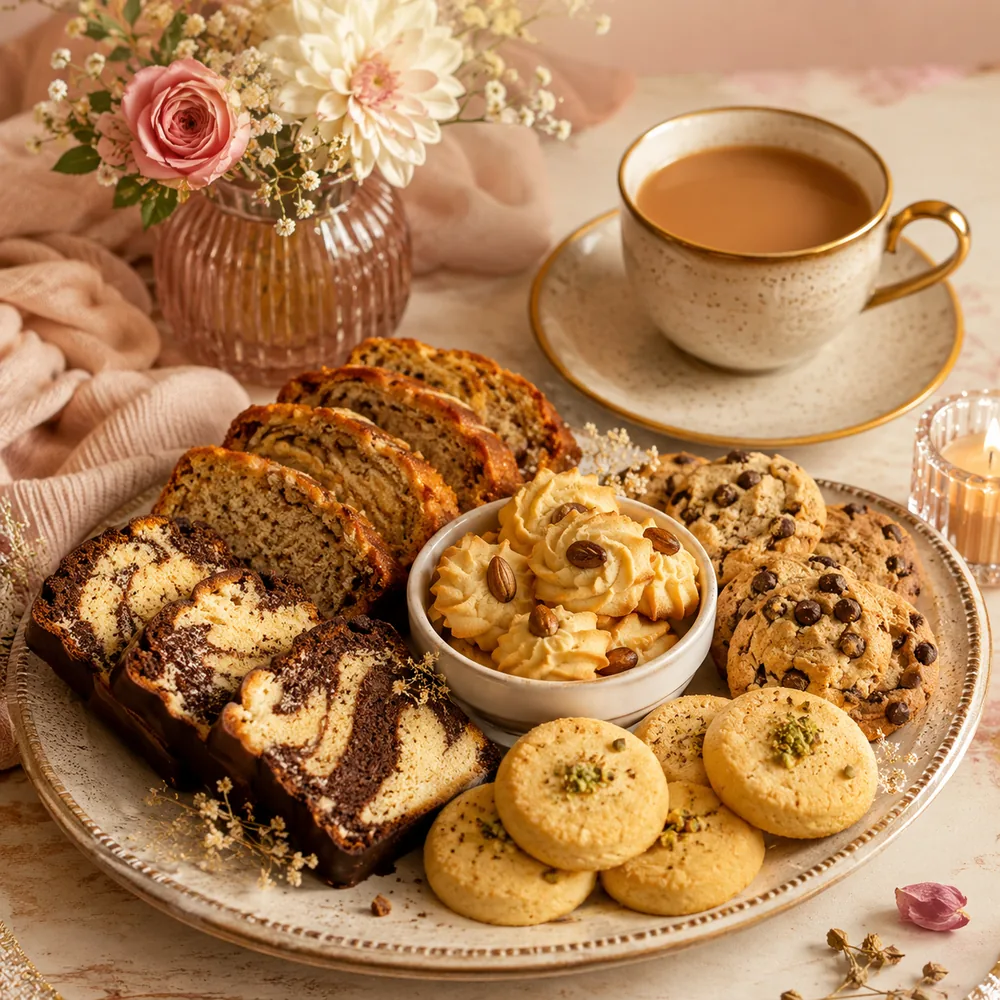 Tea-time platter with nankhatai, tea cake, banana bread, marble loaf and cookies